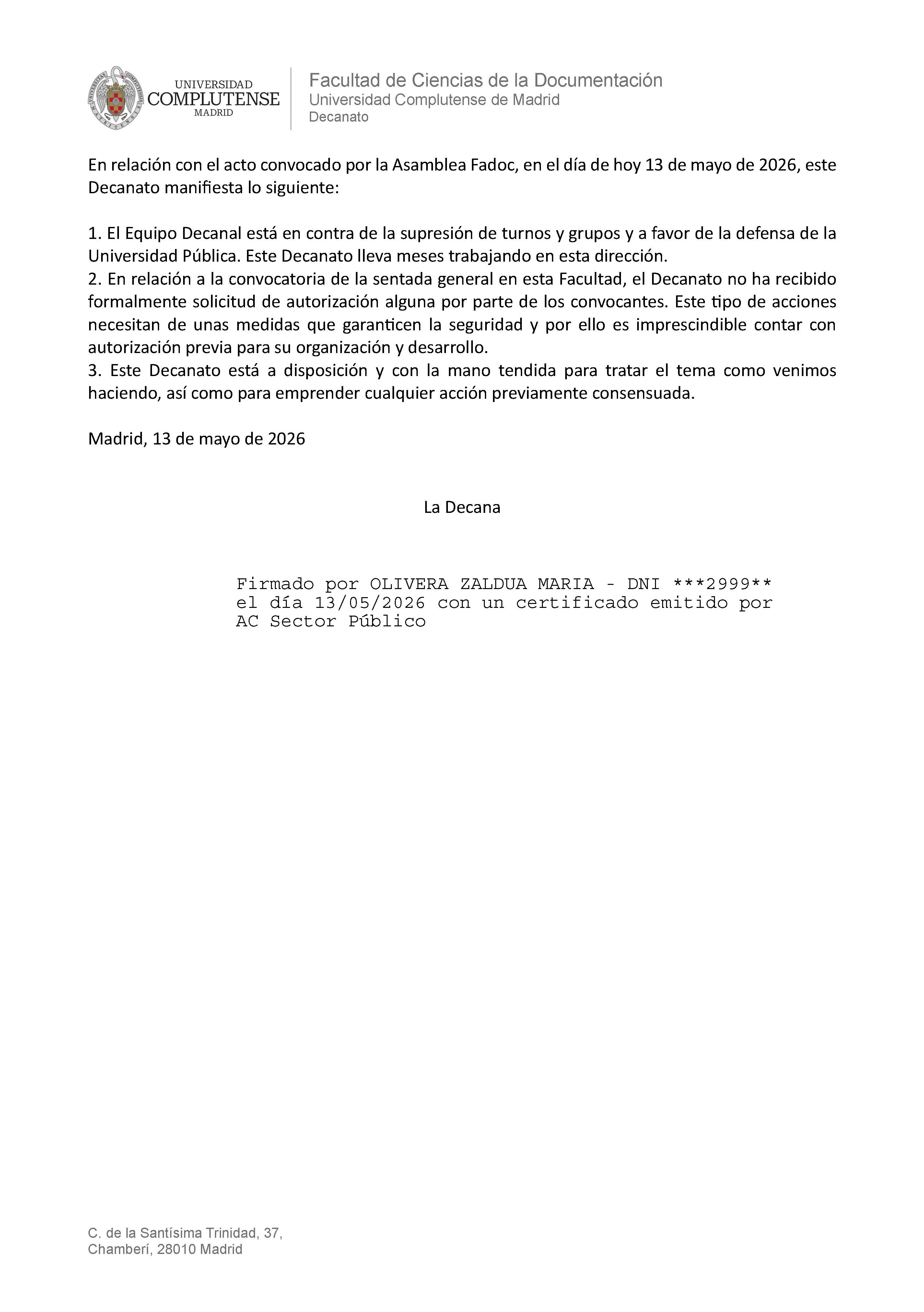 Comunicado oficial Facultad de Ciencias de la Documentación